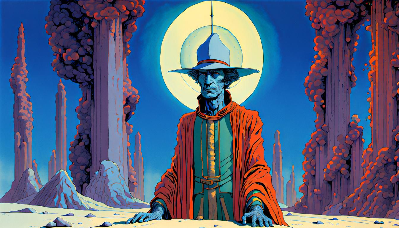 Alaric’s Celestial Oration, in Jean Giraud moebius drawing style, in color