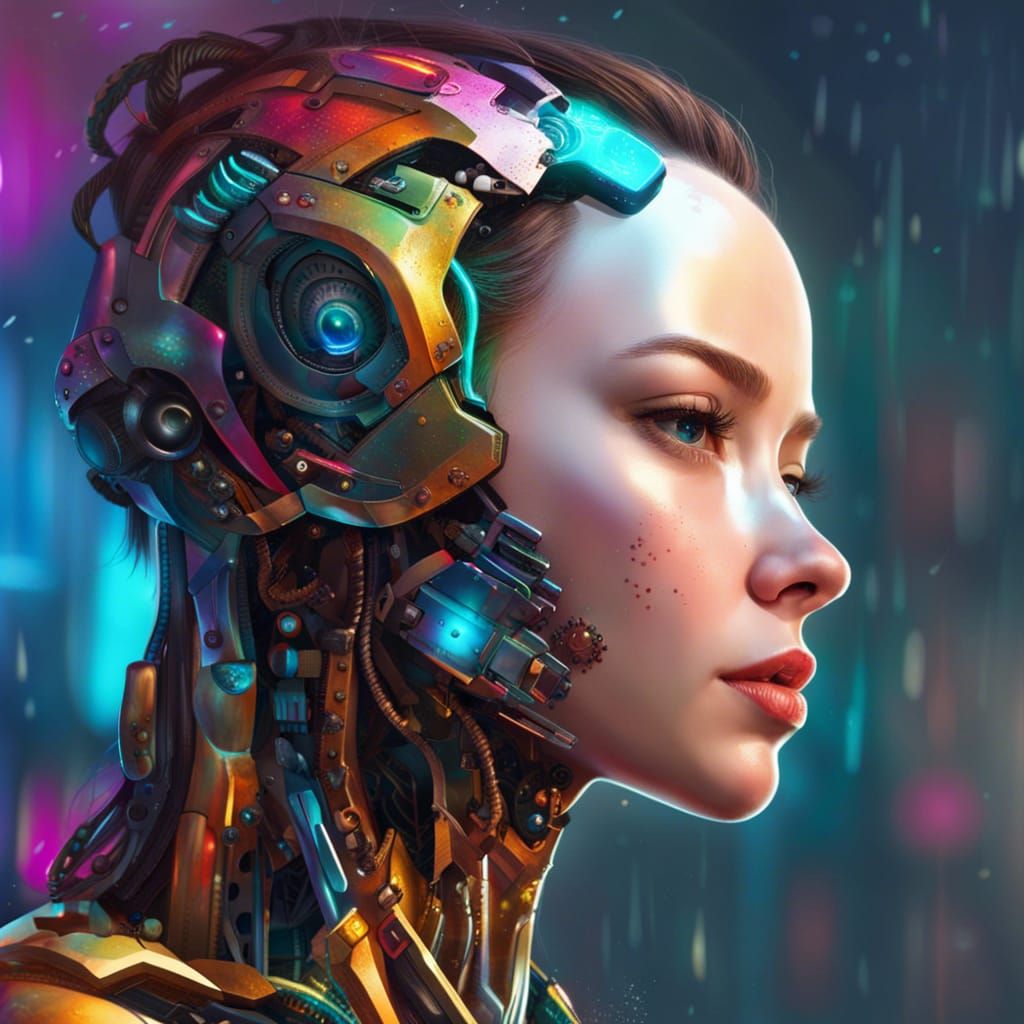 Hyperrealistic Half-Robot Girl in Splash Art Style