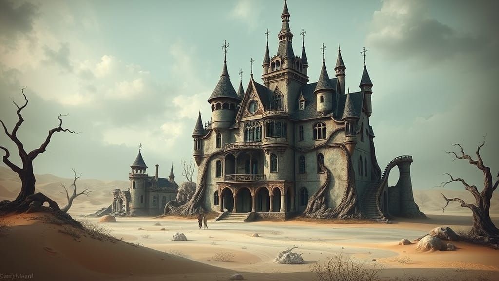Ethereal Gothic Mansion in a Desert Landscape