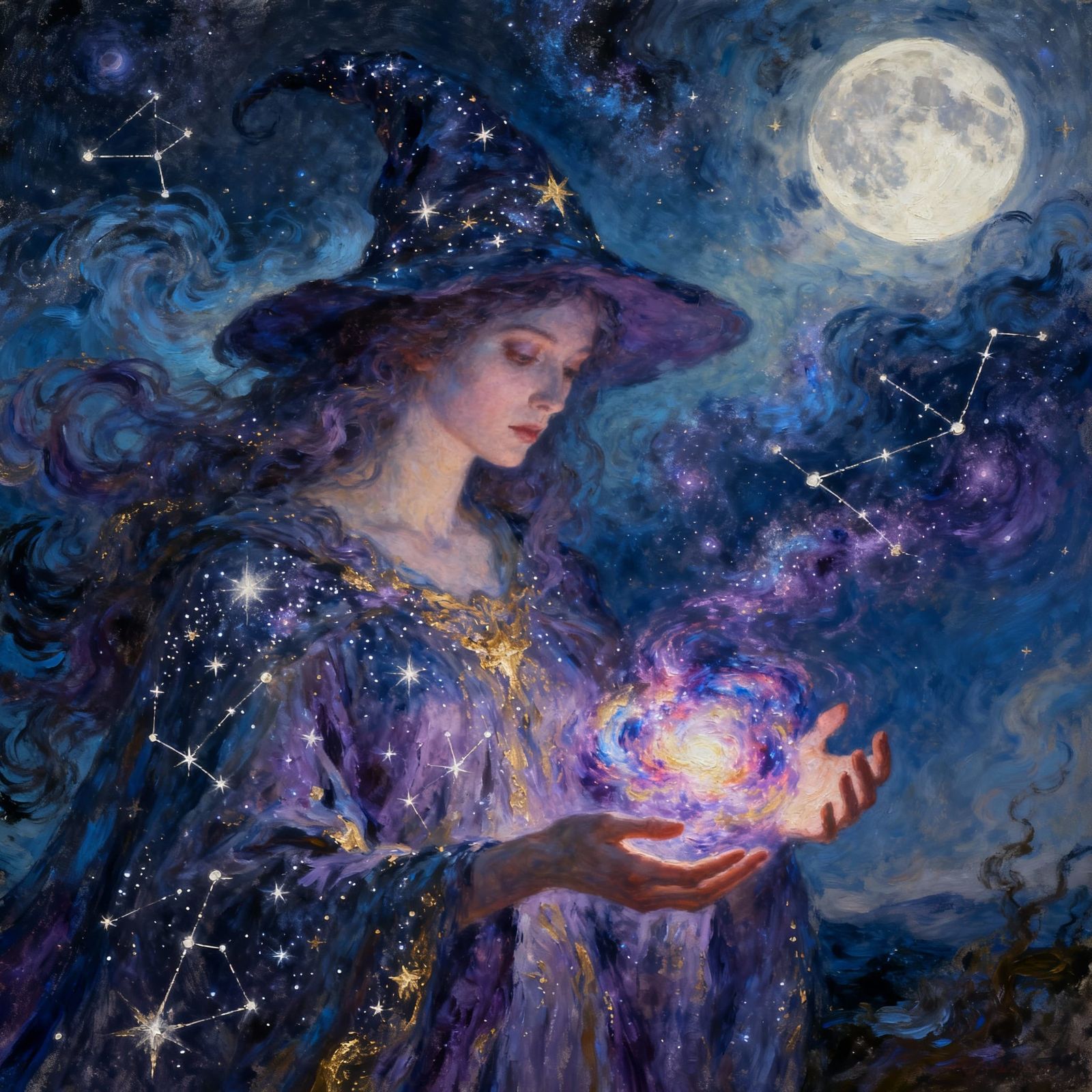 Celestial Witch Conjuring Nebula in Stardust Robes
