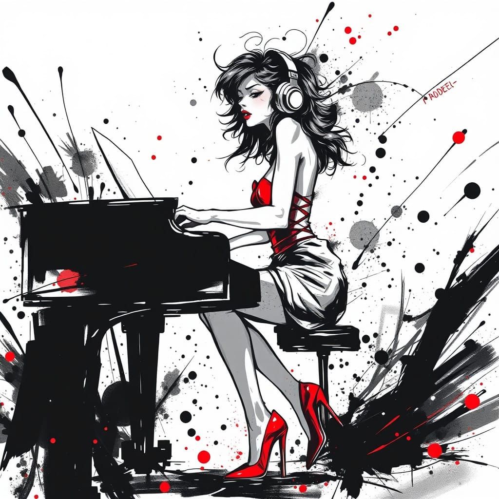 Passionate Pianist in Black and White Splash Art