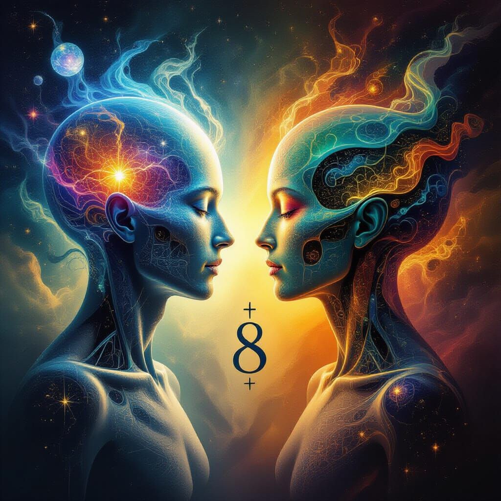 Binaire Fusion: Human and Alien Forms in Surrealist Style