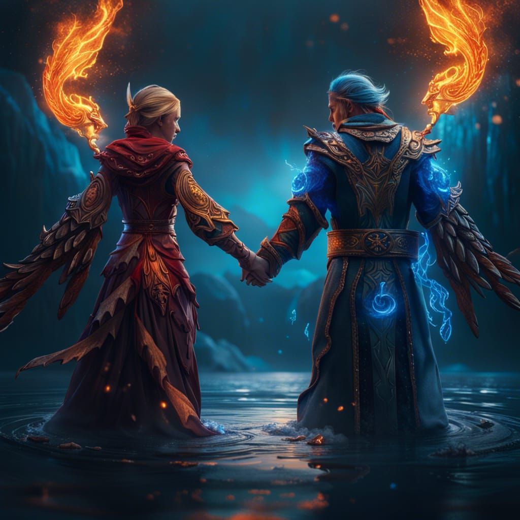 Fire and Water Mages Holding Hands: Fantasy Art