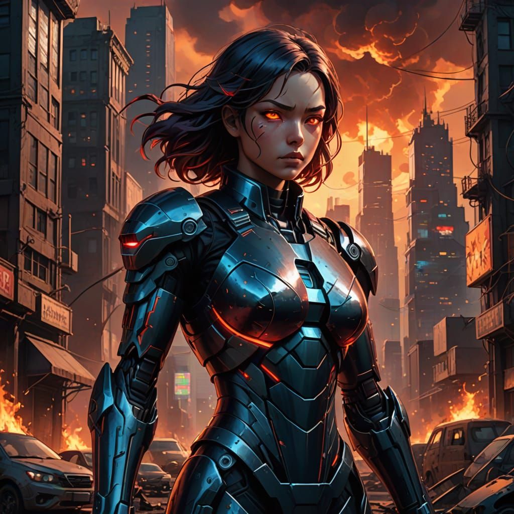 Epic Heroine in a Dark Cityscape, Greg Rutkowski-Inspired Di...