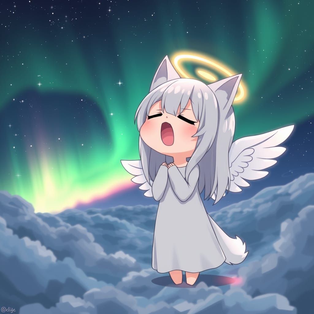 Chibi Angel Catgirl Yawns in the Starry Night Sky