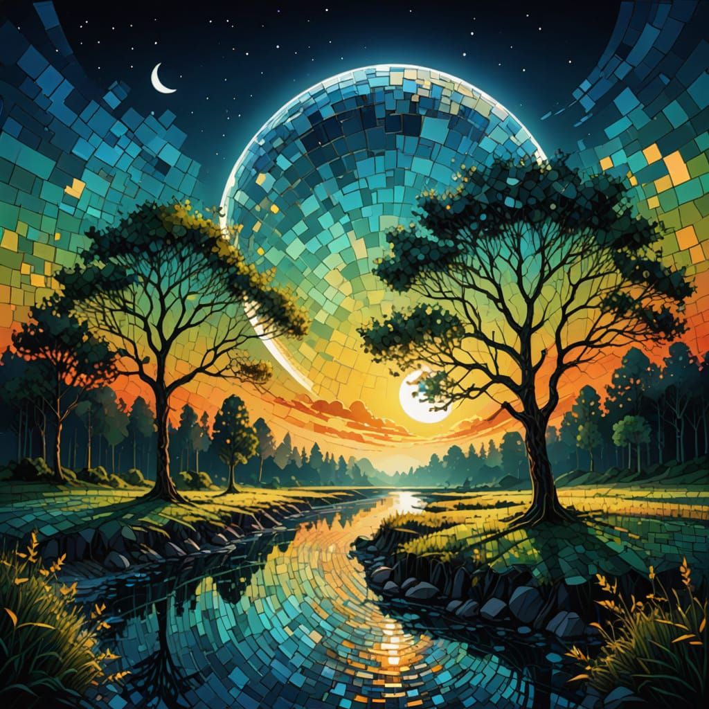 Surrealistic Glass Moon in a Vibrant Mosaic Sky