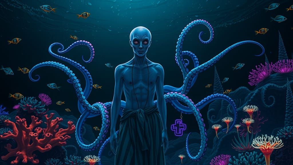 Bioluminescent Octopus Man in Dark Ocean Depths