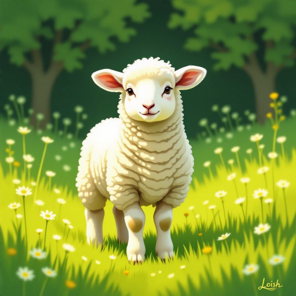 Timid Lamb in Green Meadow, Whimsical Art Style