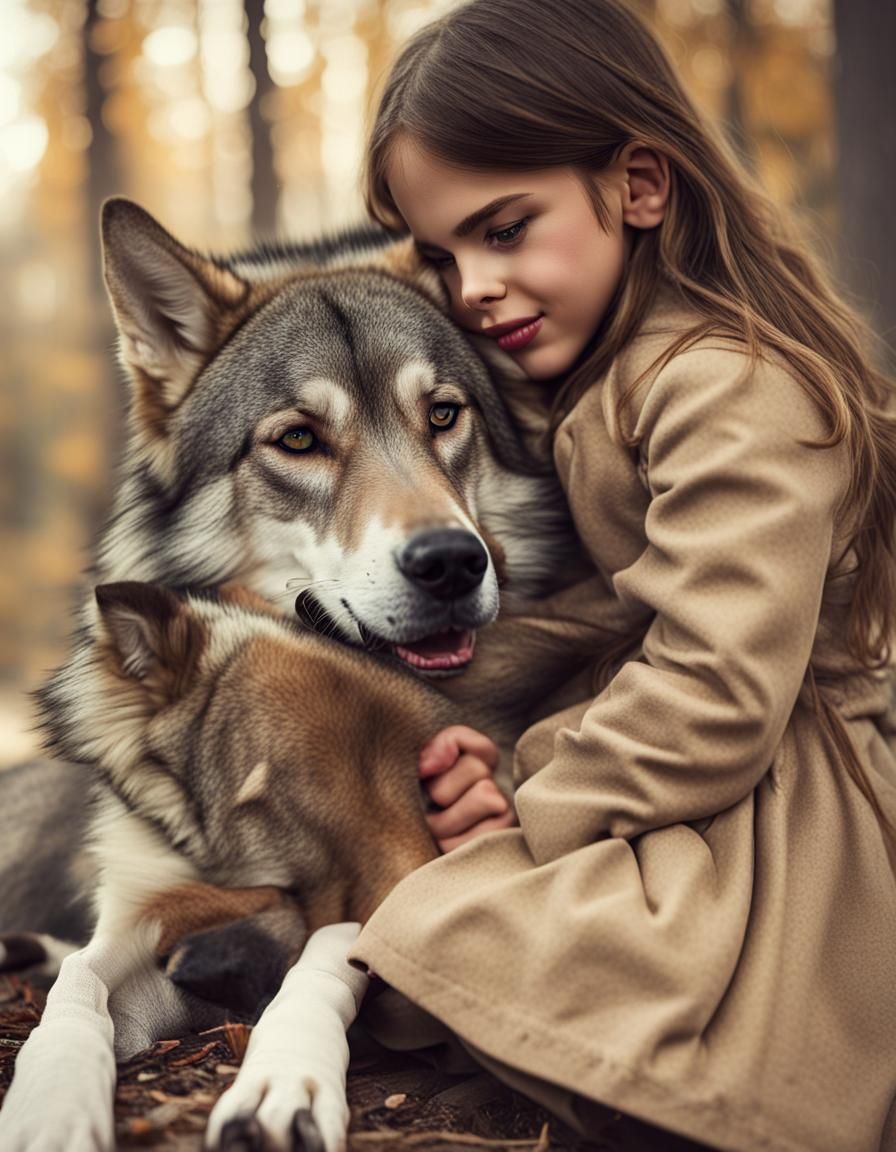 A wolf-dog lays across a girl's lap