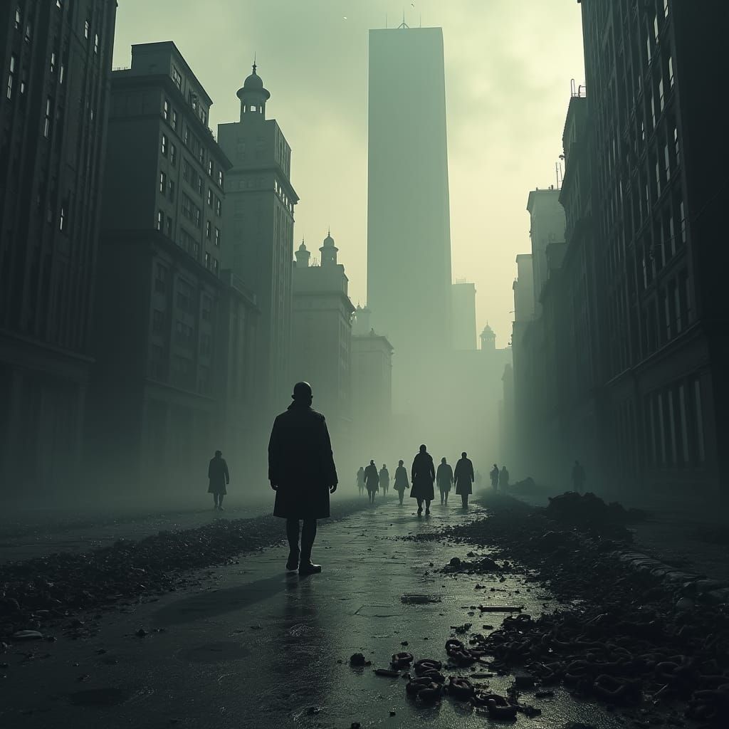 Dystopian Cityscape: Oppression in Indigo and Crimson