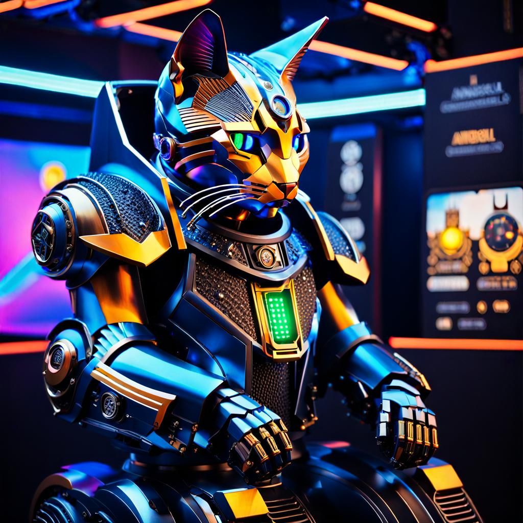 Cyberpunk Knight Cat Android in Ornate Armor