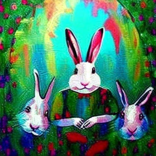 Rabbits Playing Peekaboo: Expressionist Oil Painting