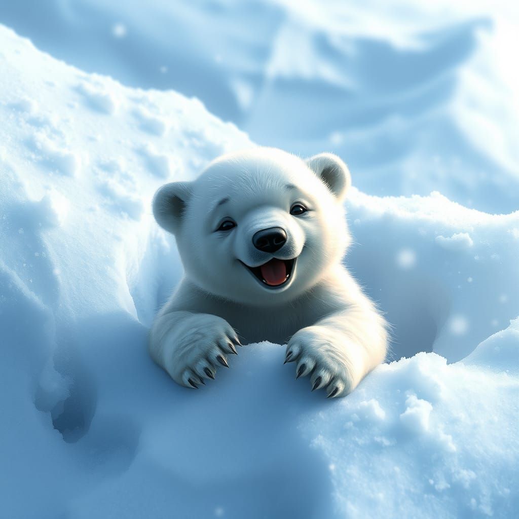 Baby polar bear playing in a big snow drift