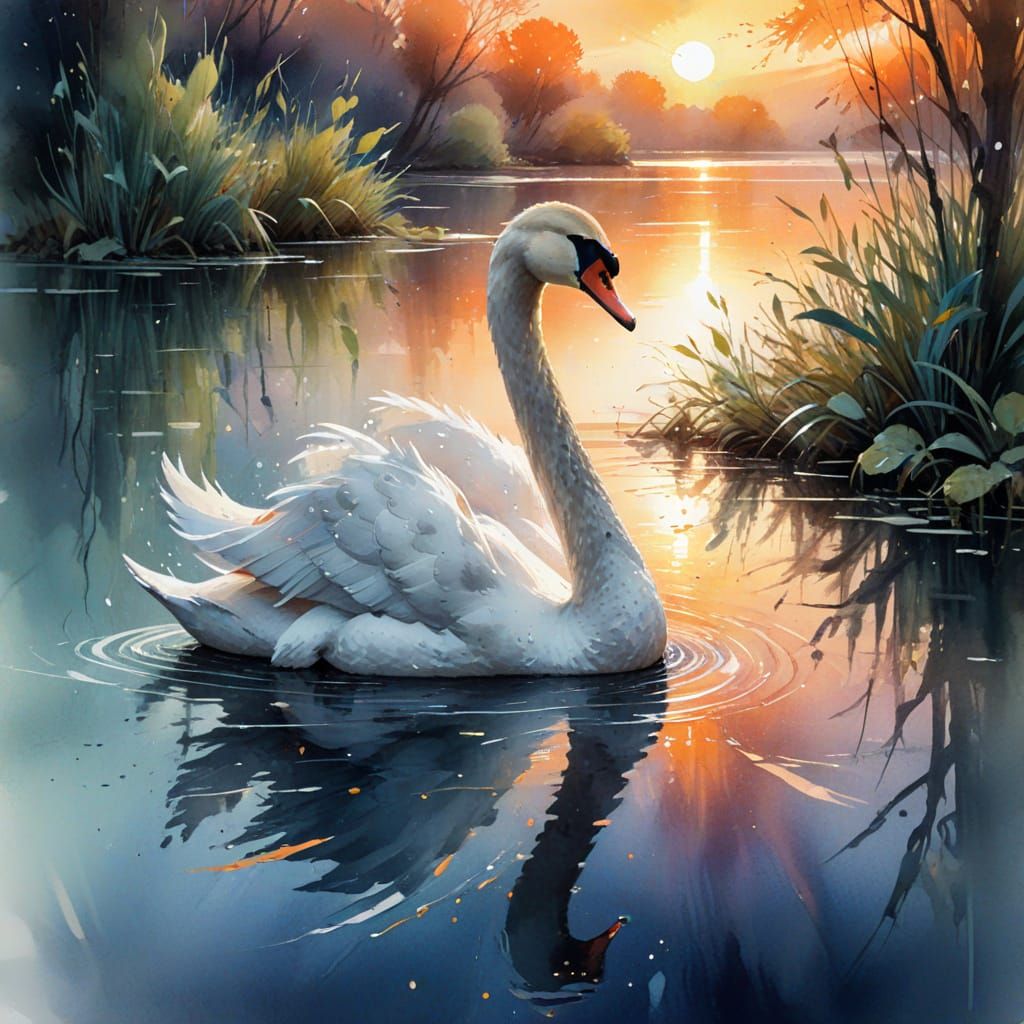 Elegant Swan in Sunset Watercolor Landscape