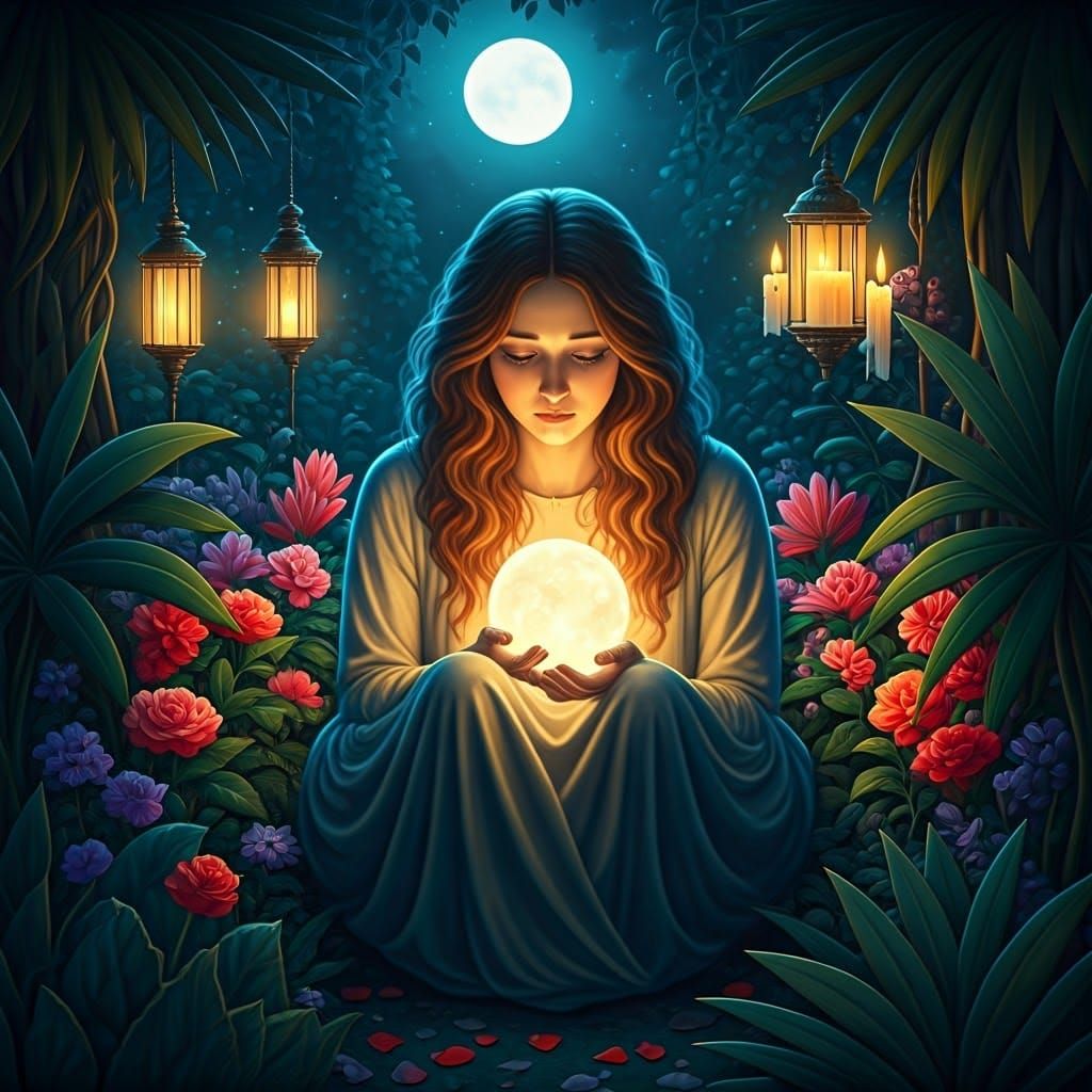 Moonlit Garden: Woman with Glowing Orb