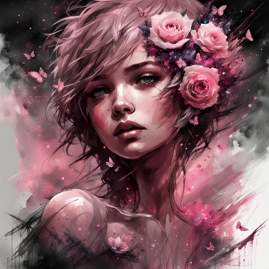 Pink Crystal Girl with Roses and Galaxy Background