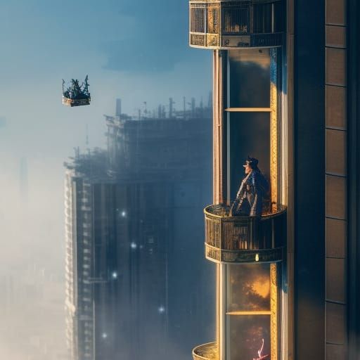 People on Balcony in Maximalist Fantasy Style