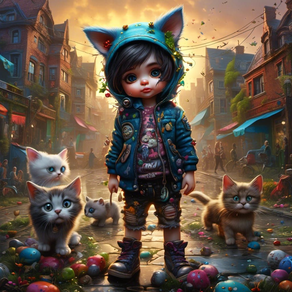 Children with Kitten in Graffiti Art Style