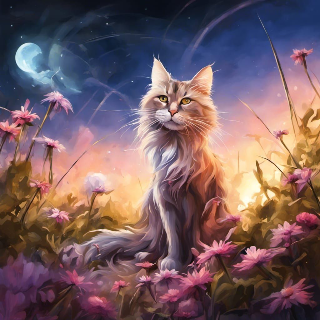 Elegant Cat in a Garden of Fireflies: Digital Art