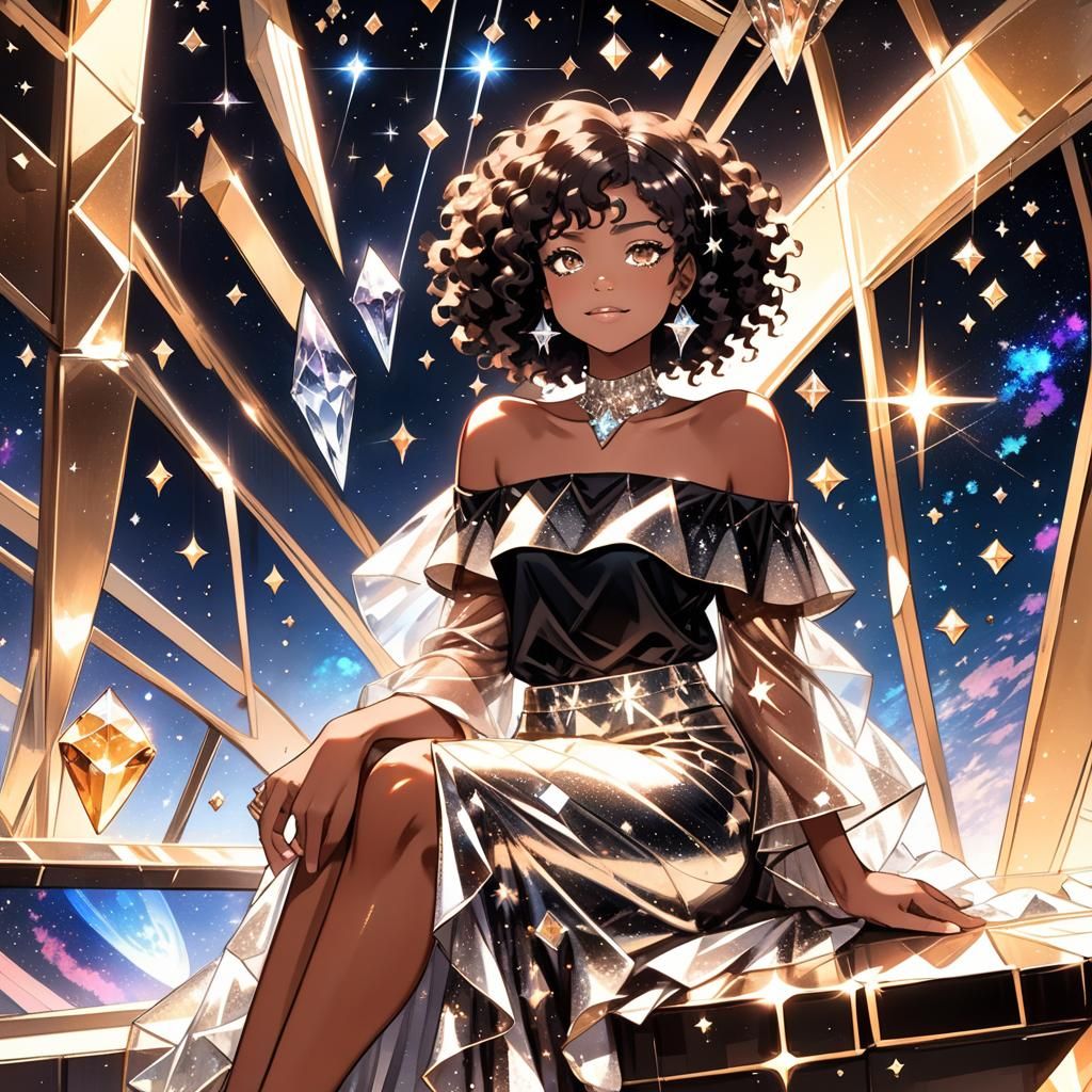 Anime Girl with Afro in Starry Hallway