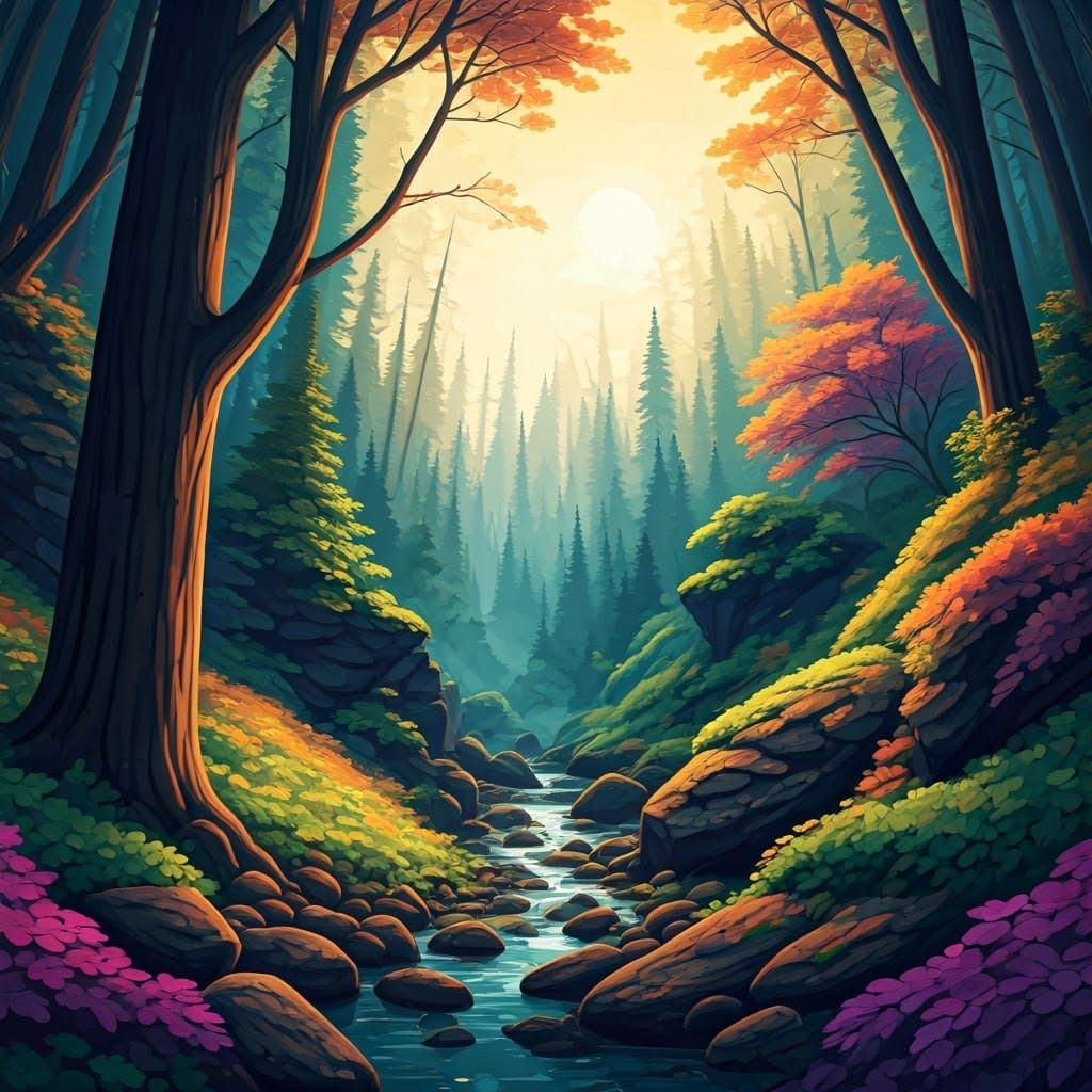 Vivid Wooded Valley in Alcohol Ink Style