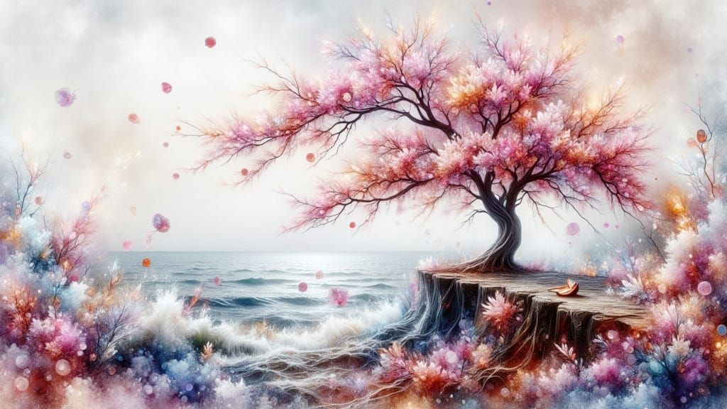 Cherry Trees on Cliff in Dreamy Watercolour Style