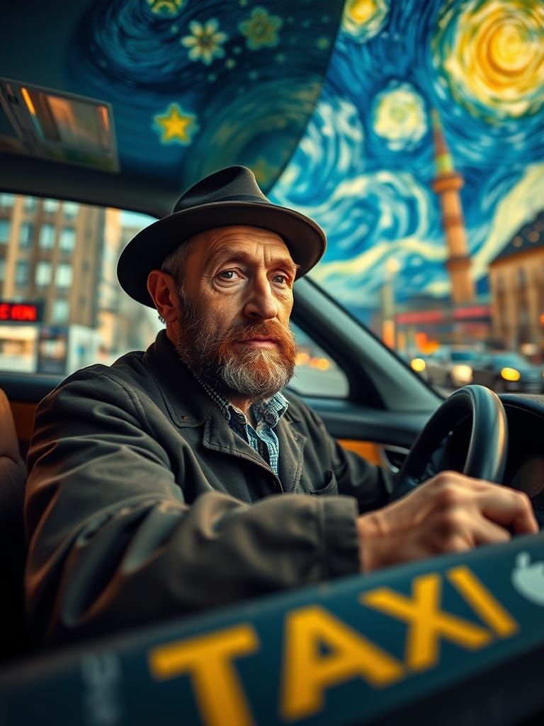 Van Gogh as Taxi Driver in Starry Cityscape