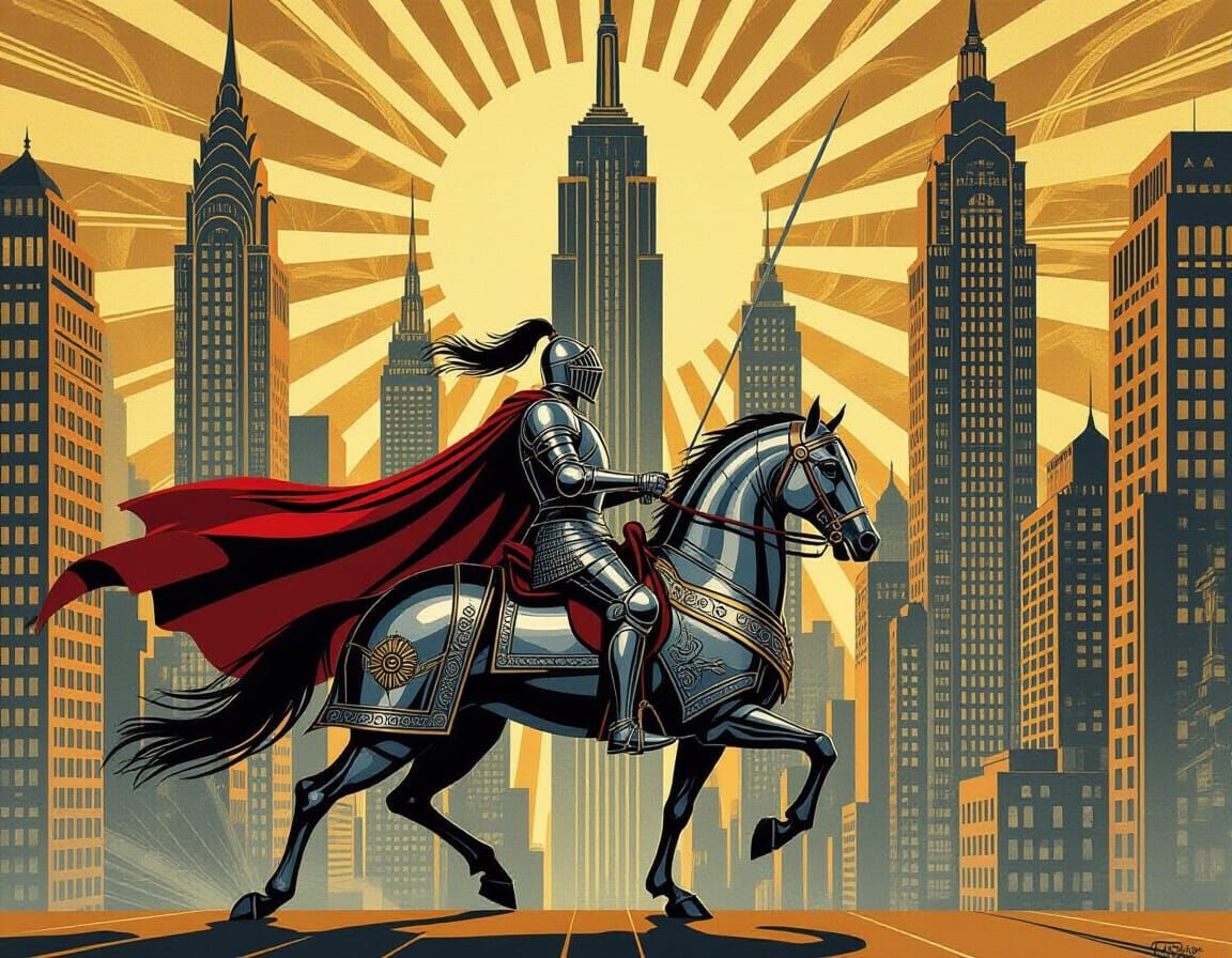 Armored Knight Rides Through Art Deco Metropolis