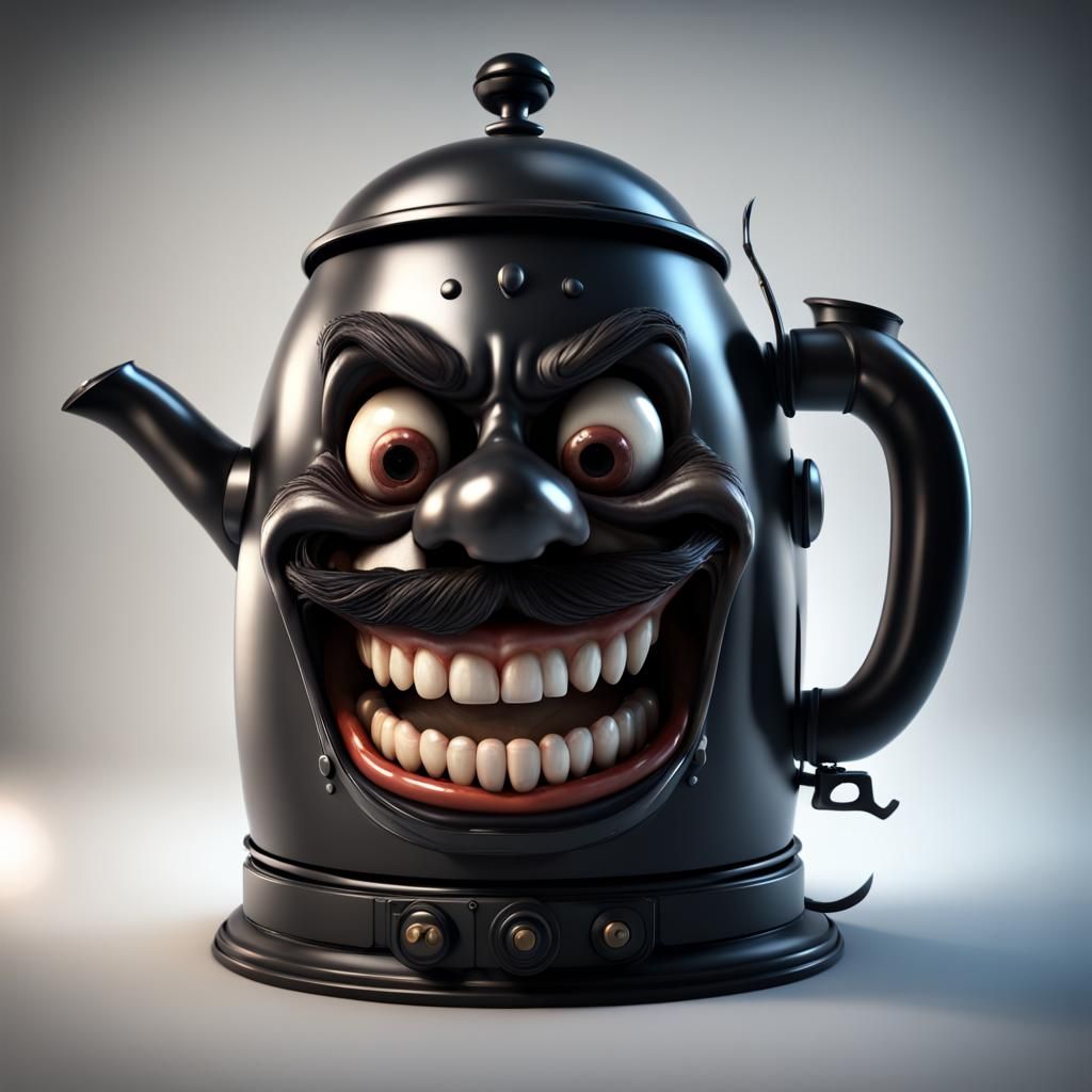 Spooky Kettle with Human Face in 3D Cinematic Style