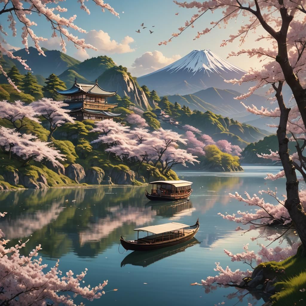 Japanese Boat on Serene Lake at Golden Hour