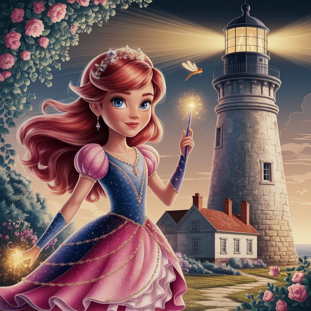 Magical Girl with Firefly at Ancient Lighthouse