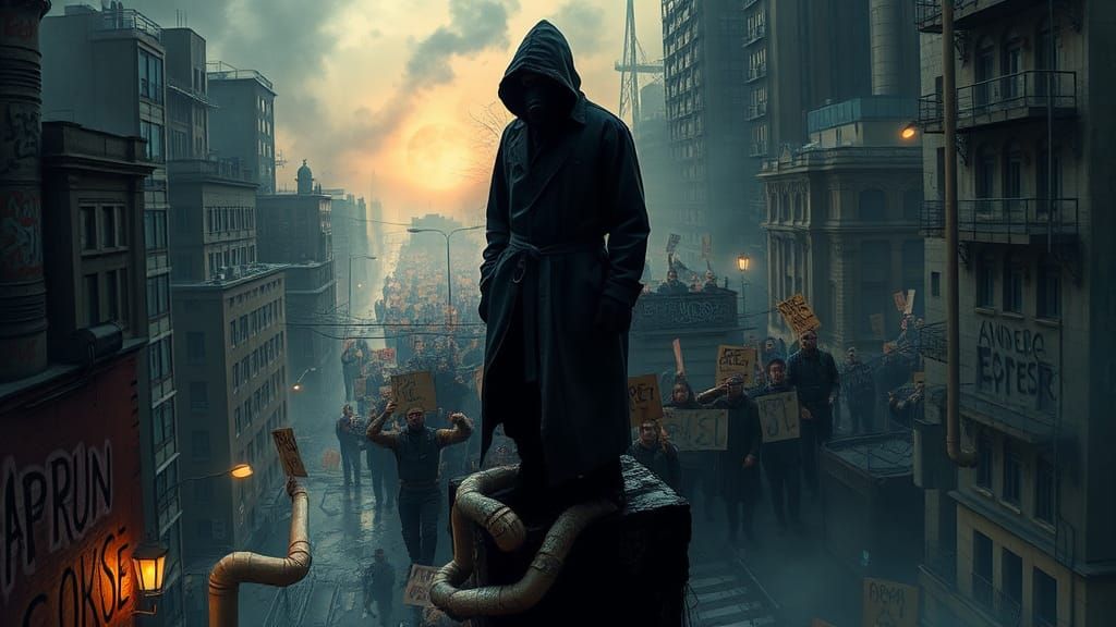 Dystopian Figure on Molten Skyscraper in Surreal Dreamscape