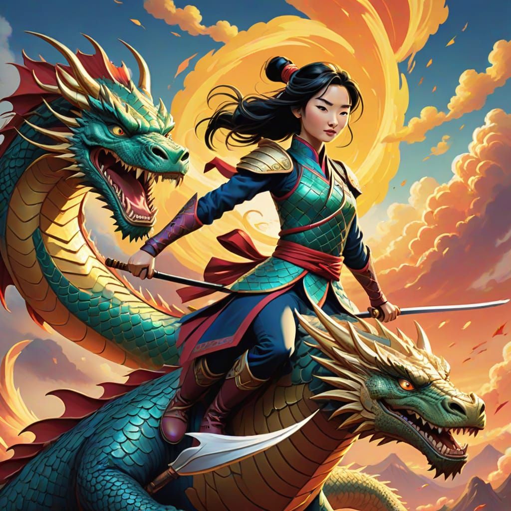 Mulan Rides a Vibrant Anime Dragon in Mid-Air