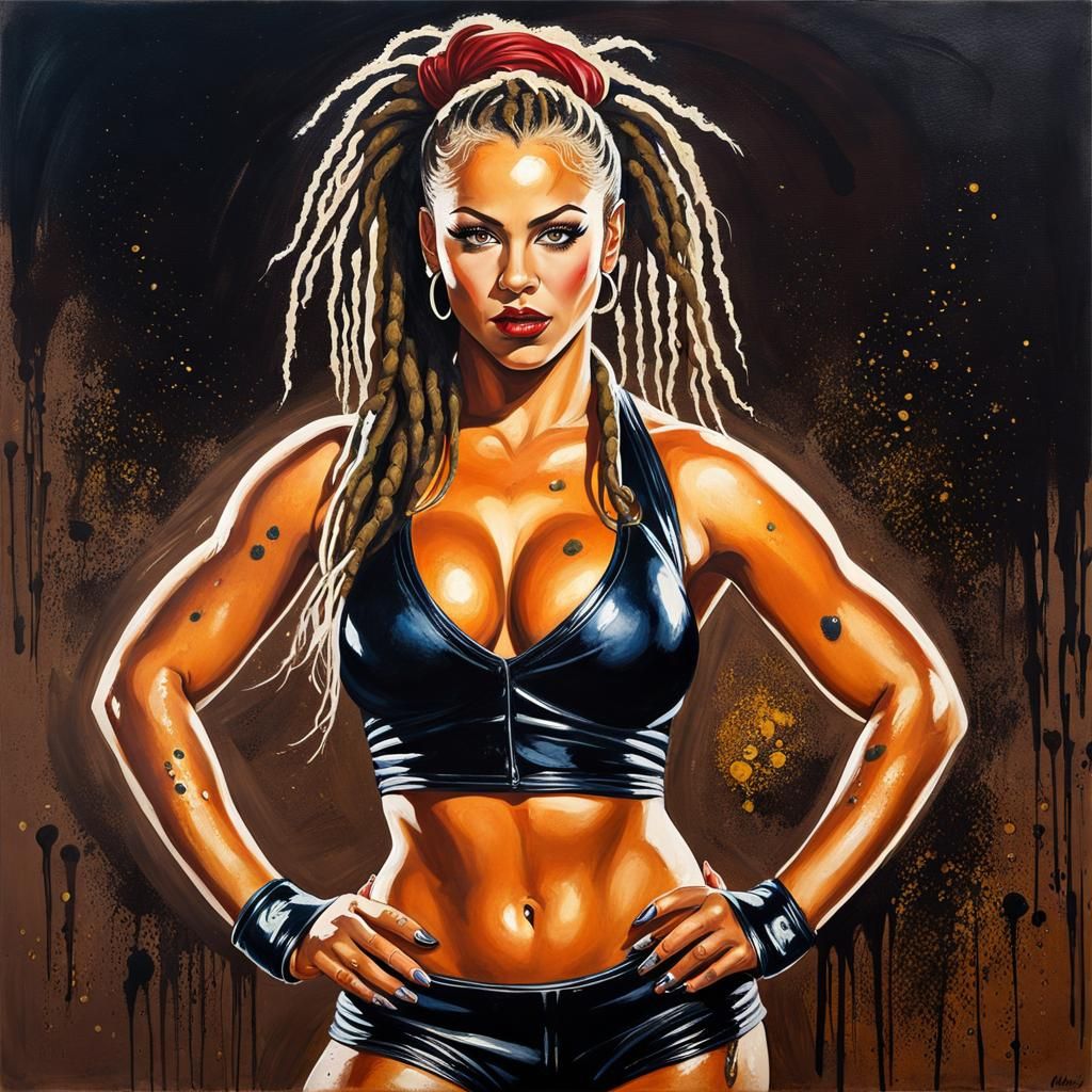 Confident Mud-Covered Wrestler Pin-Up in Oil Painting Style