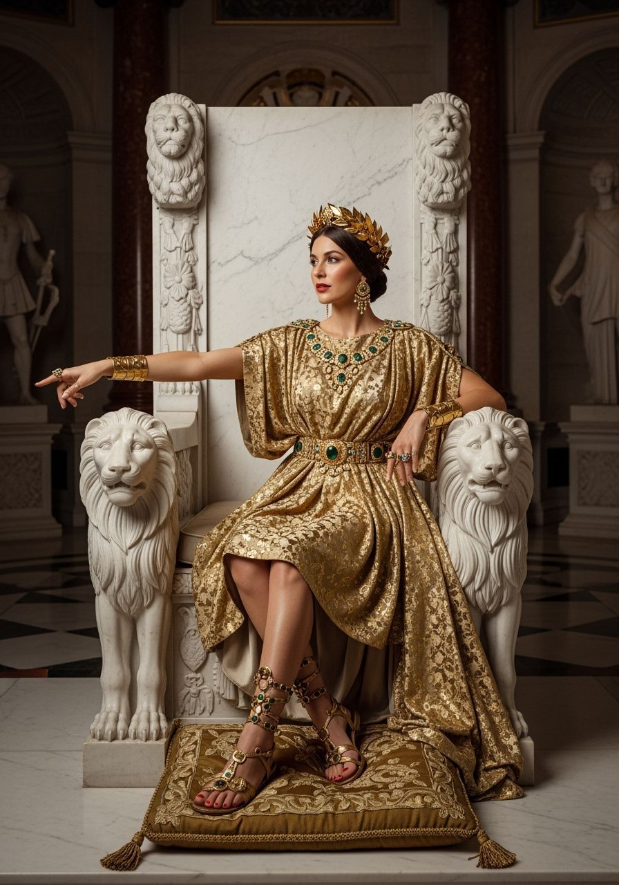 Regal Roman Empress on Lion Throne with Gold Jewelry