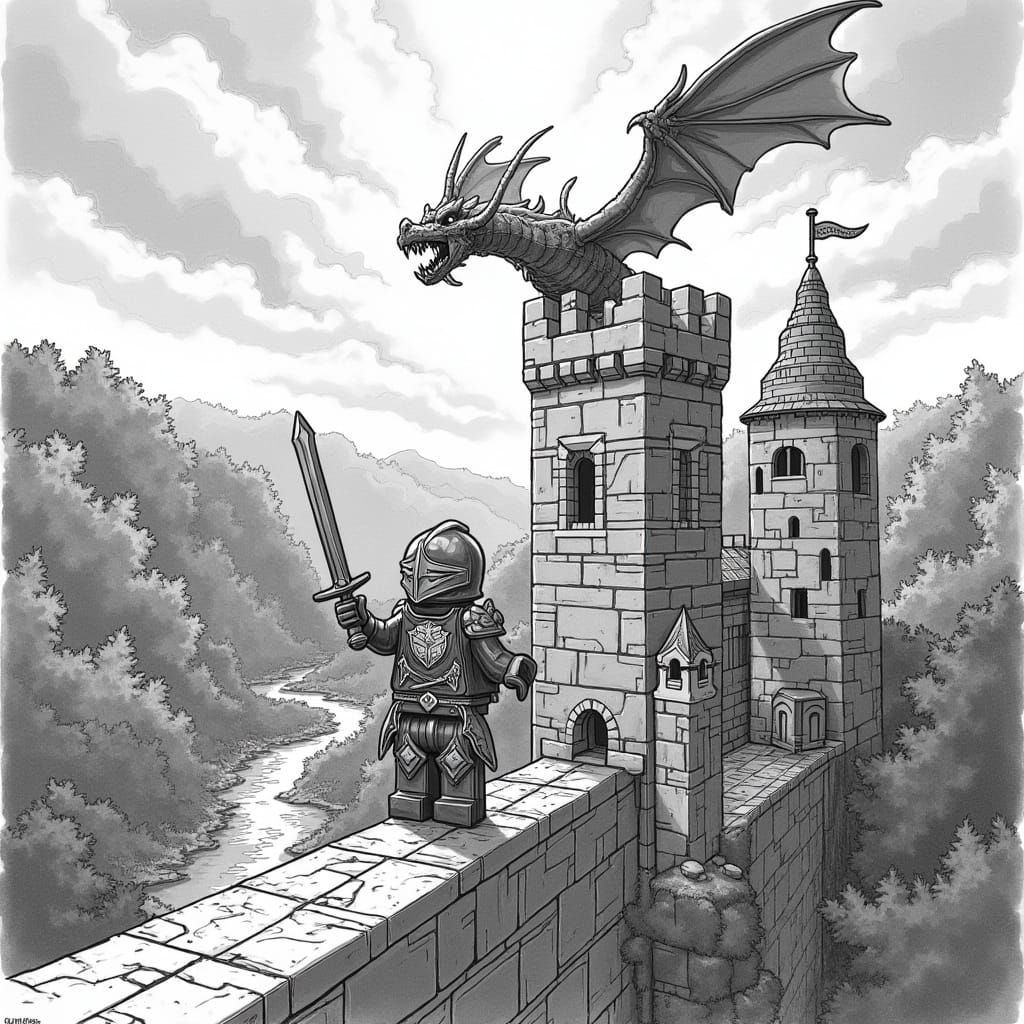 Lego Knight in Dramatic Black and White Landscape