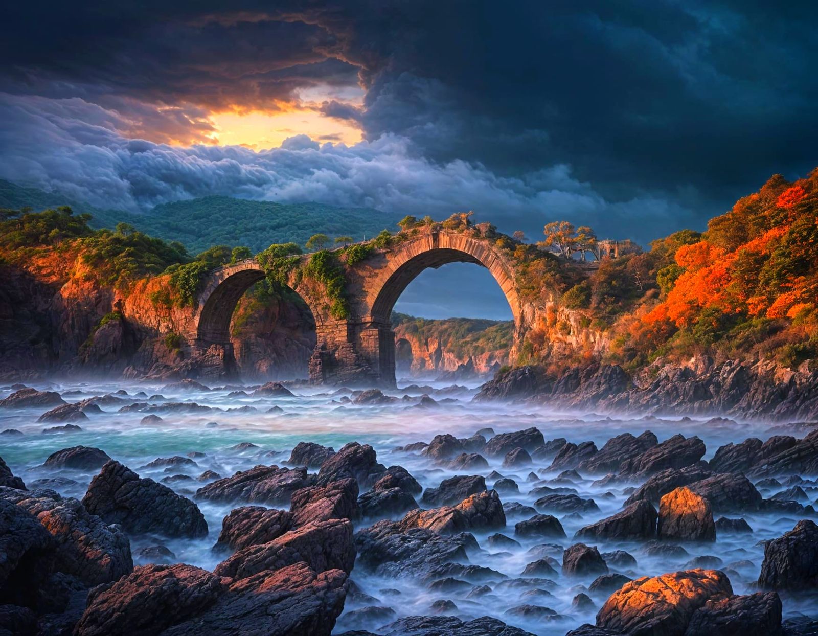 Dramatic Sunset Over Old Bridge Ruins
