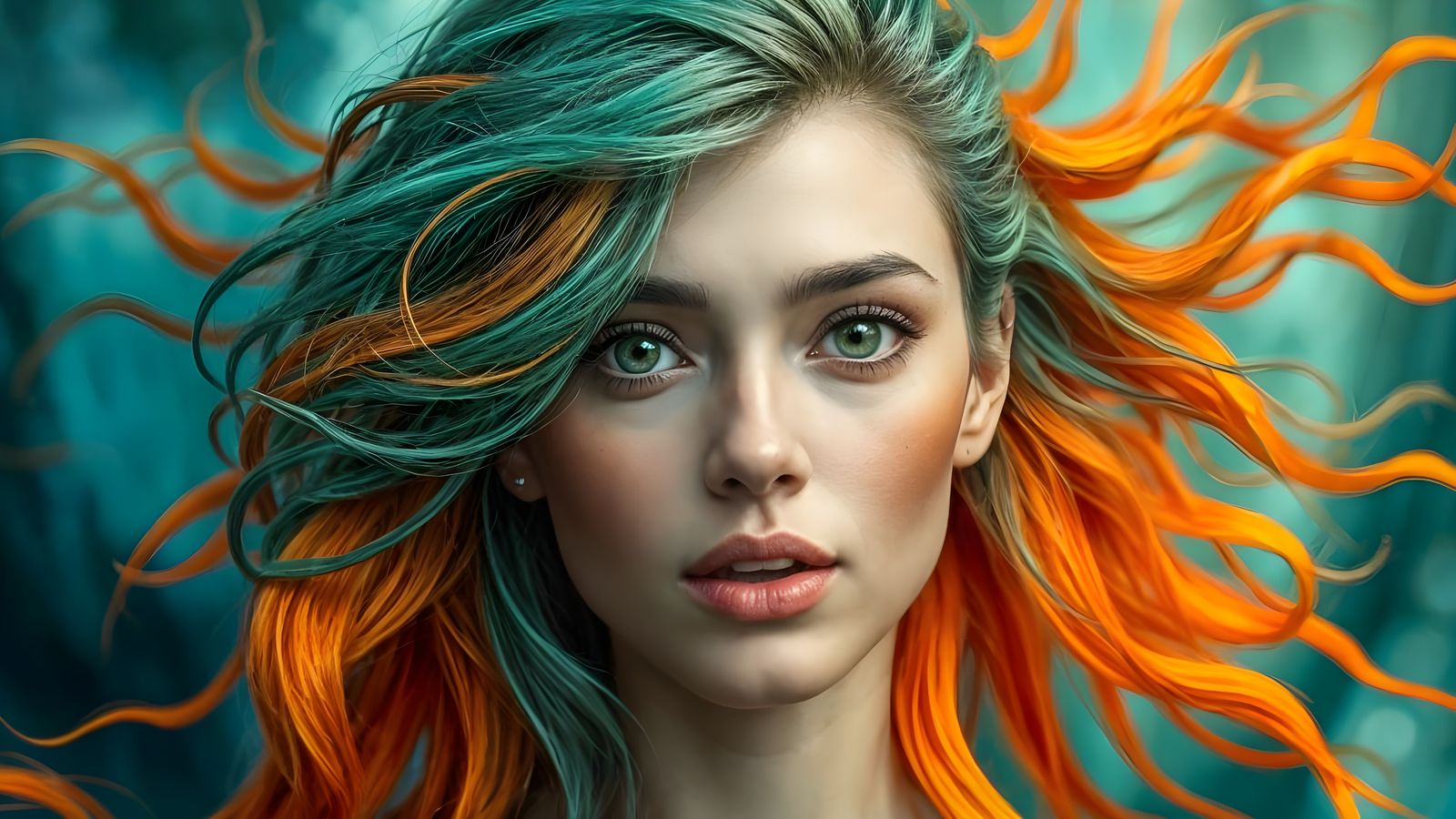 Beautiful Woman with Emerald and Orange Hair