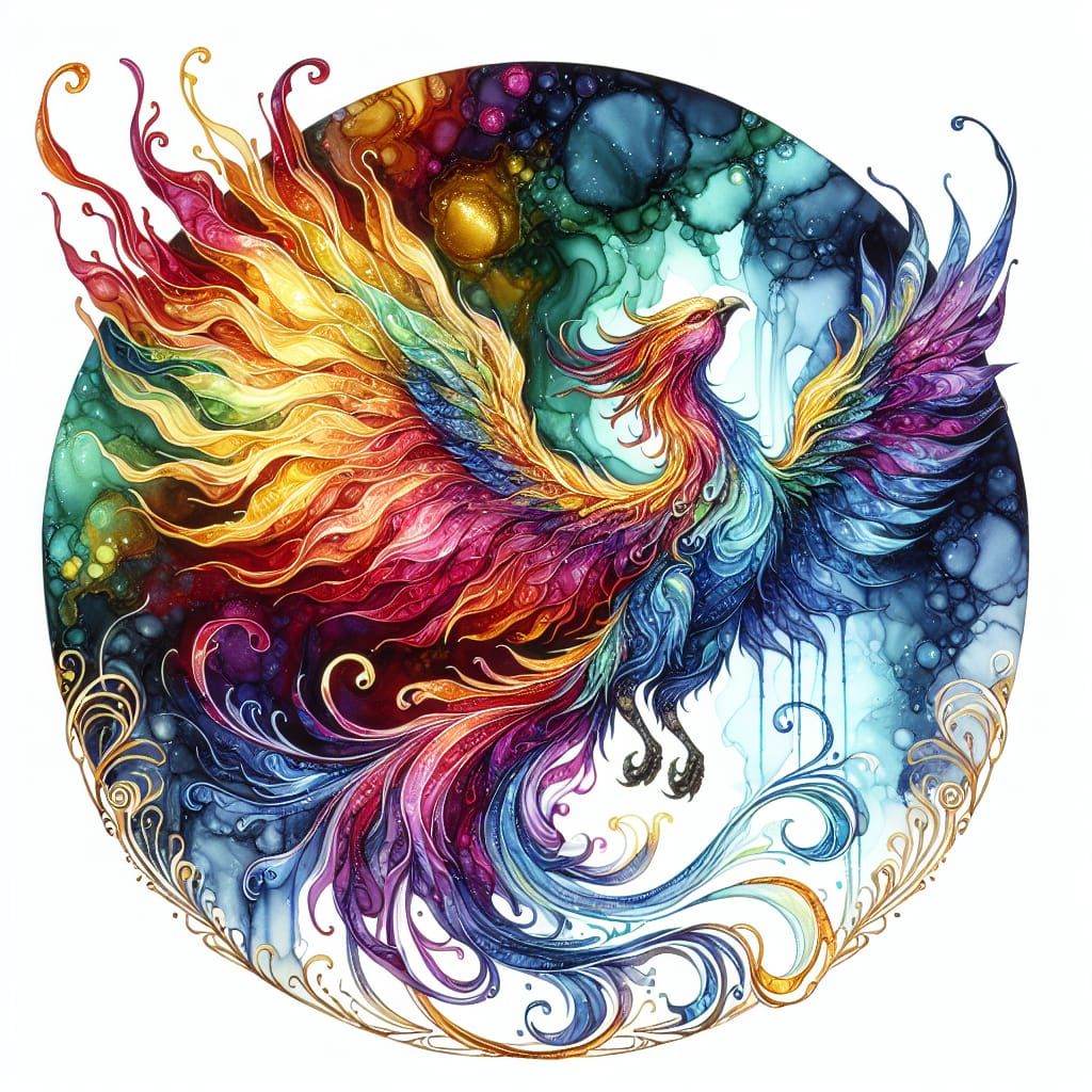 Rainbow Phoenix Rising: Alcohol Ink Illustration