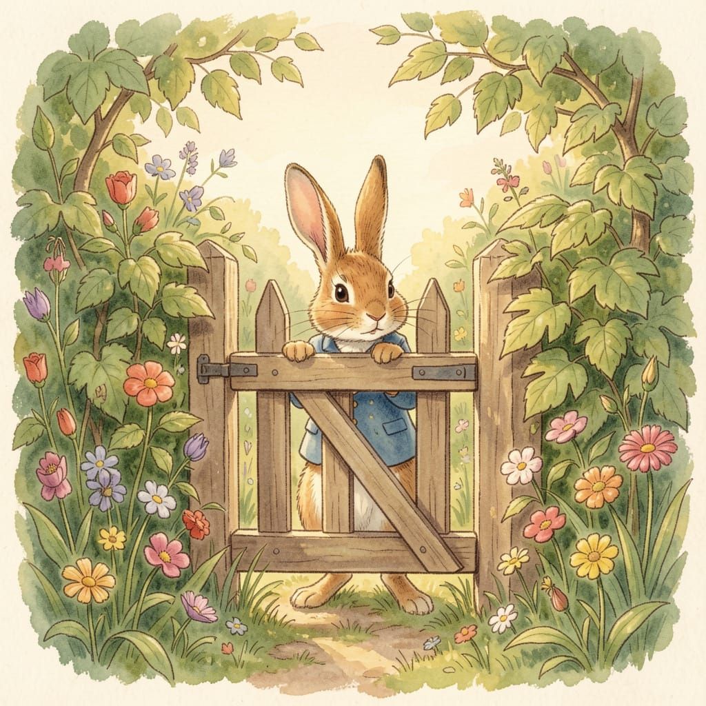 Peter Rabbit Peeking from Garden Gate in Beatrix Potter Styl...