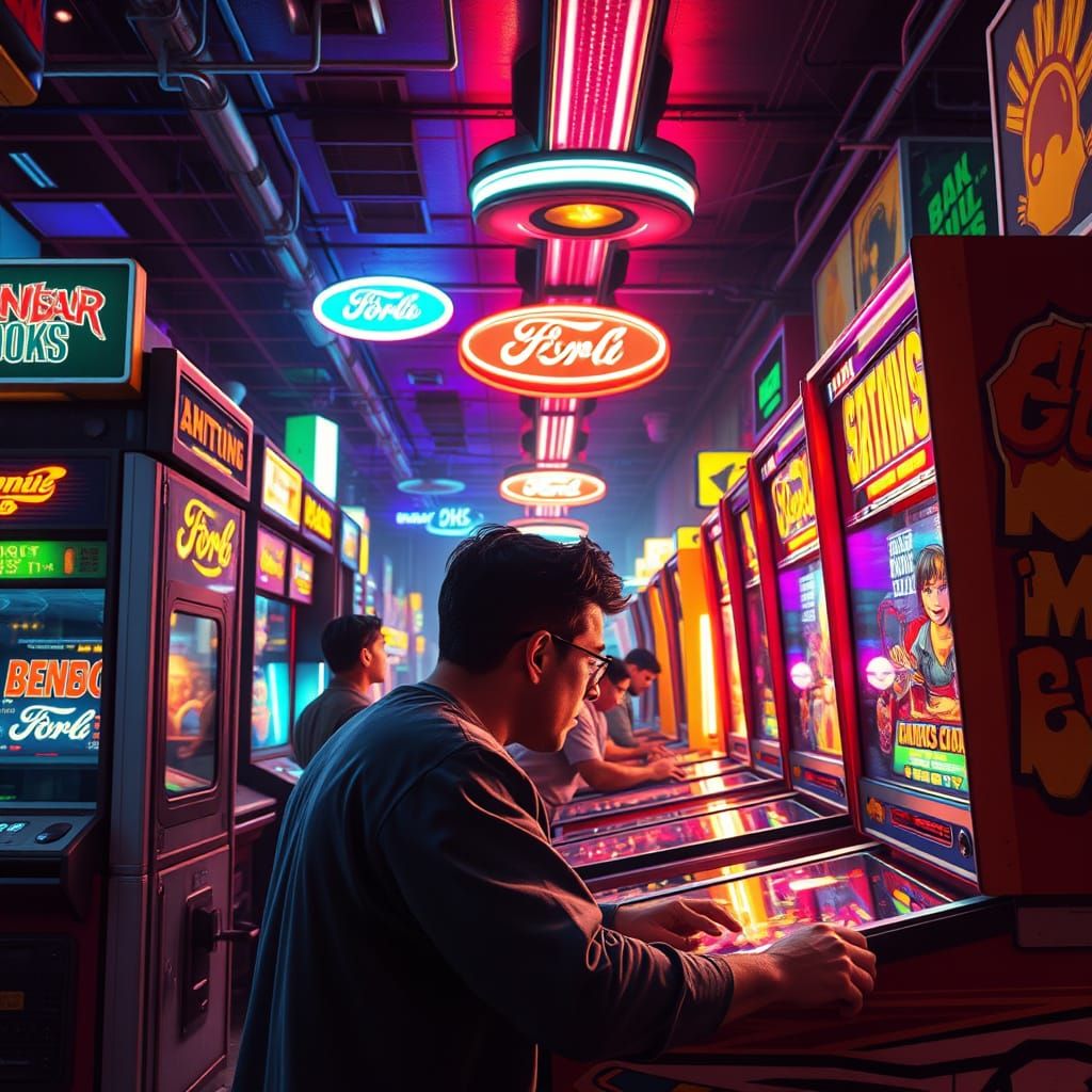 Retro Arcade Hall with Pinball Action