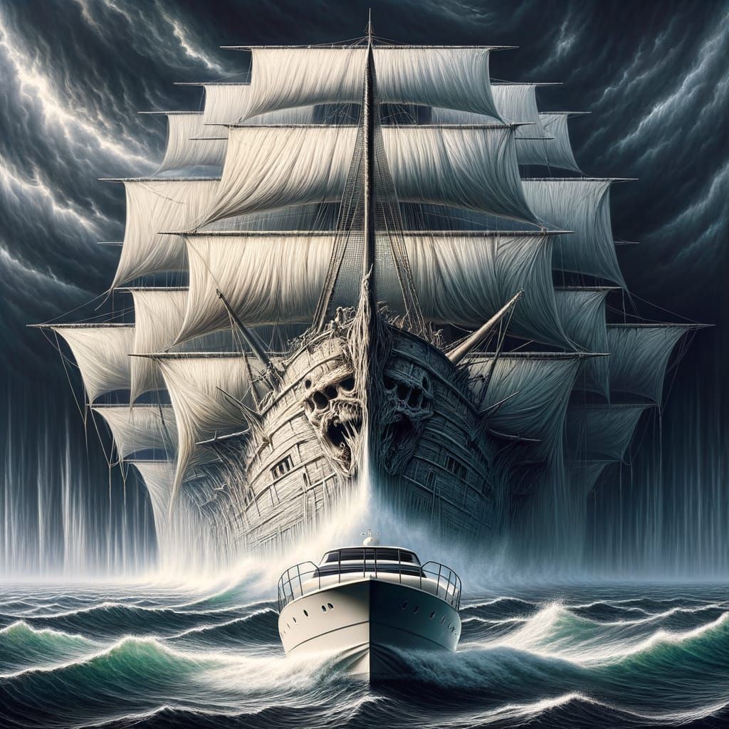 Ghost Ship Towers Over Yacht in Realistic Ocean Scene