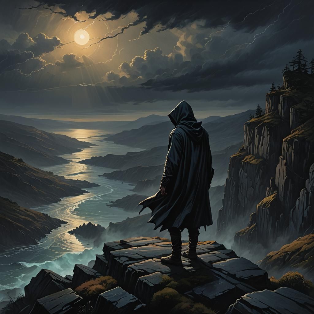 Hooded Figure Overlooks Dark Fantasy Landscape