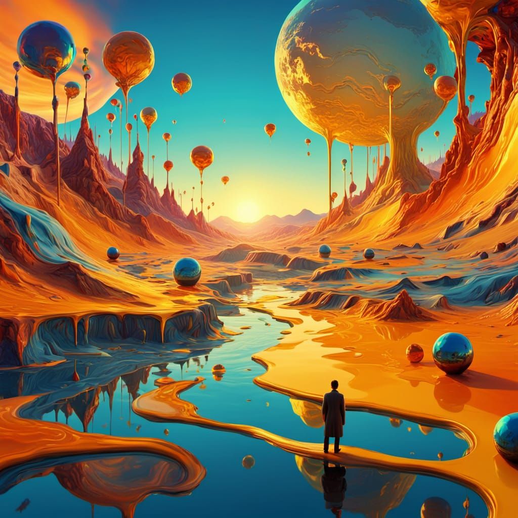 Surreal Person Gazing at Melting World in Triadic Colors