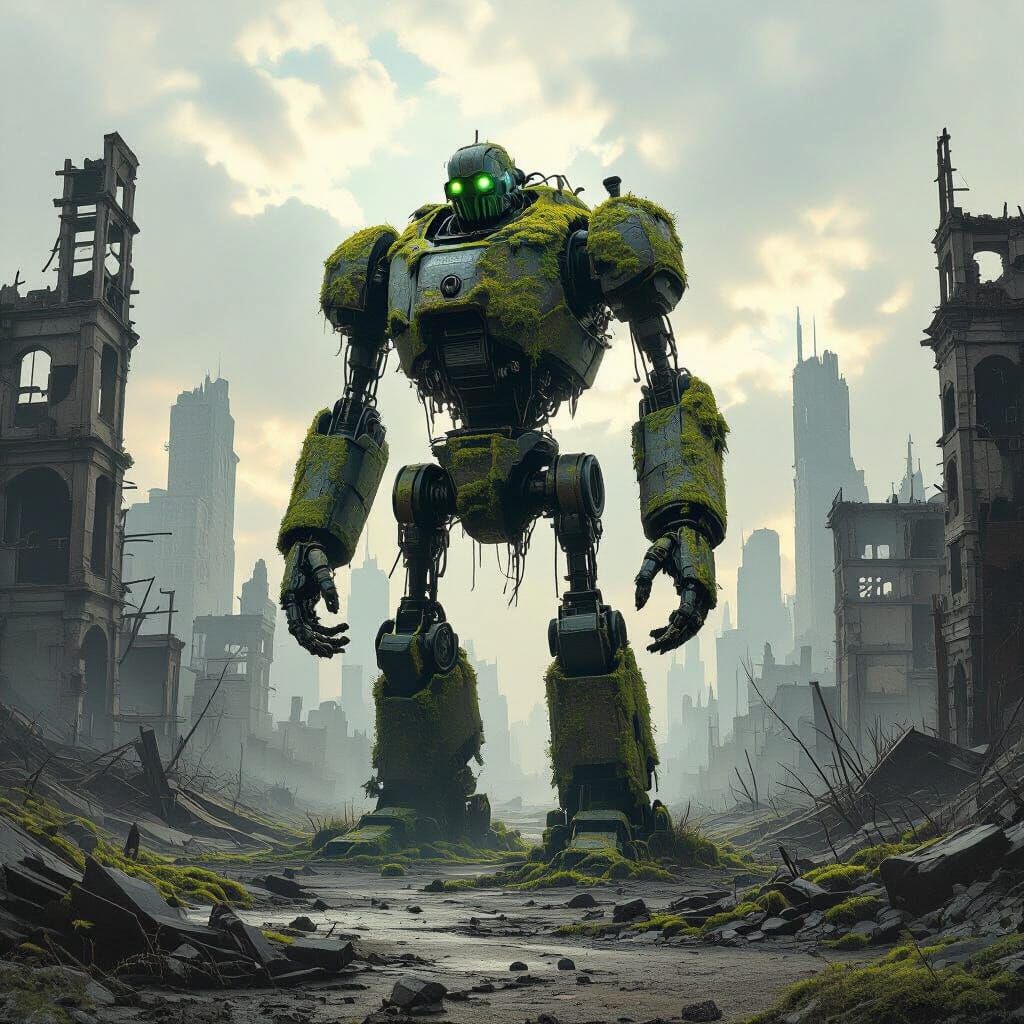 Moss-Covered Automaton in Post-Apocalyptic Cityscape