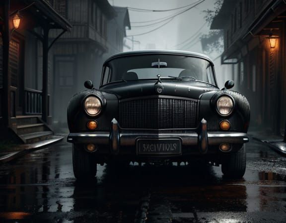 Detailed Portrait of Black Car in Old Village