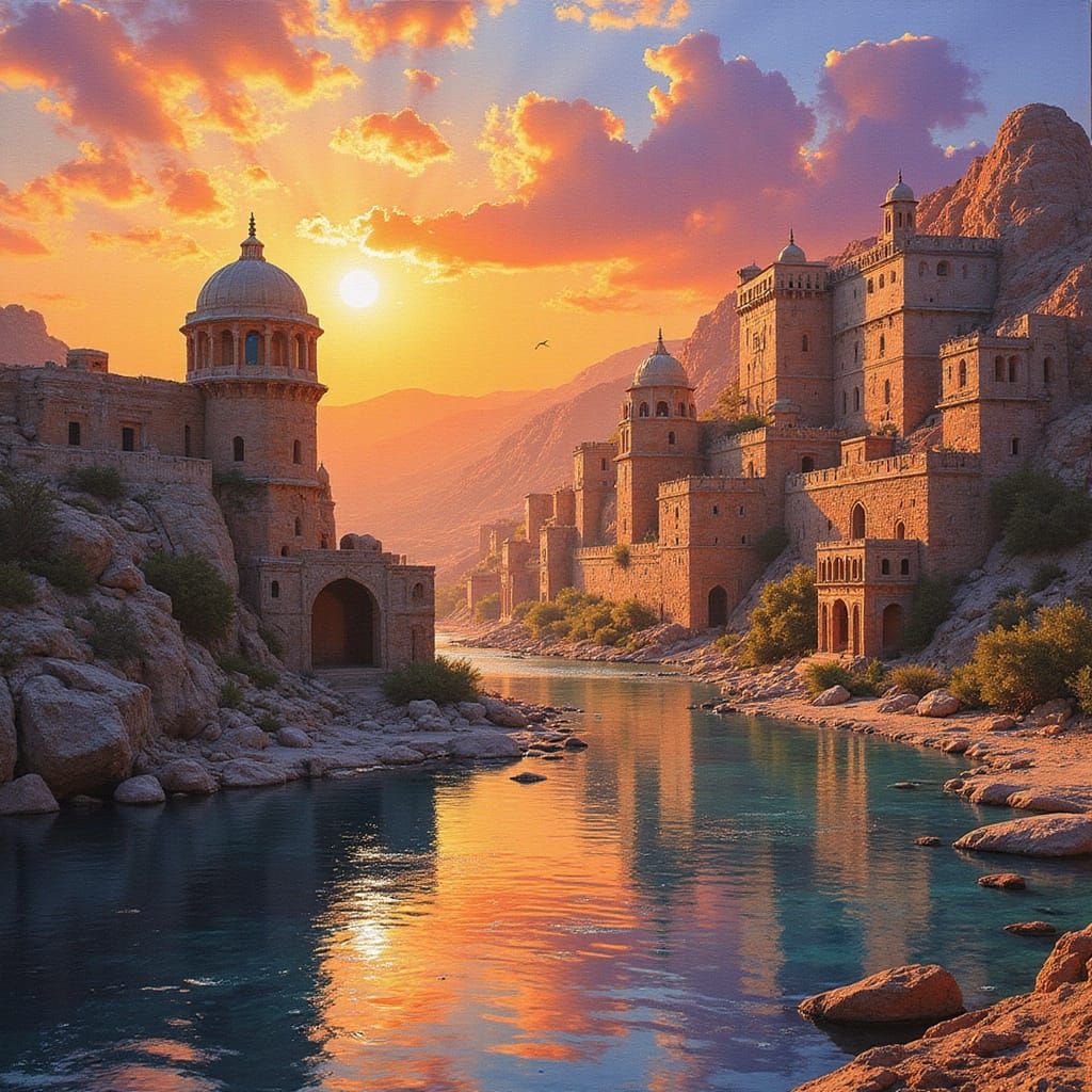 Eastern Fantasy City in Golden Light, Acrylic Painting