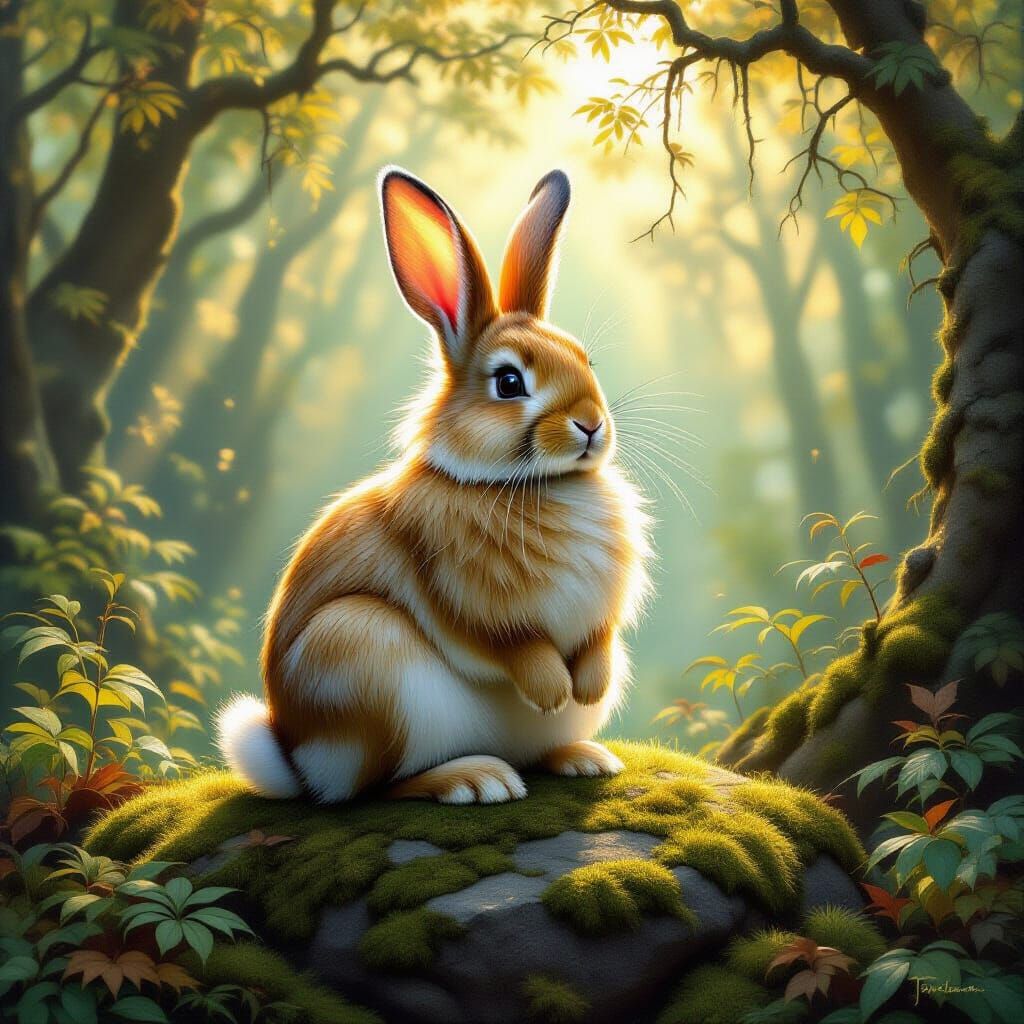 Golden Rabbit in Sun-Dappled Forest, Classical Oil Painting ...