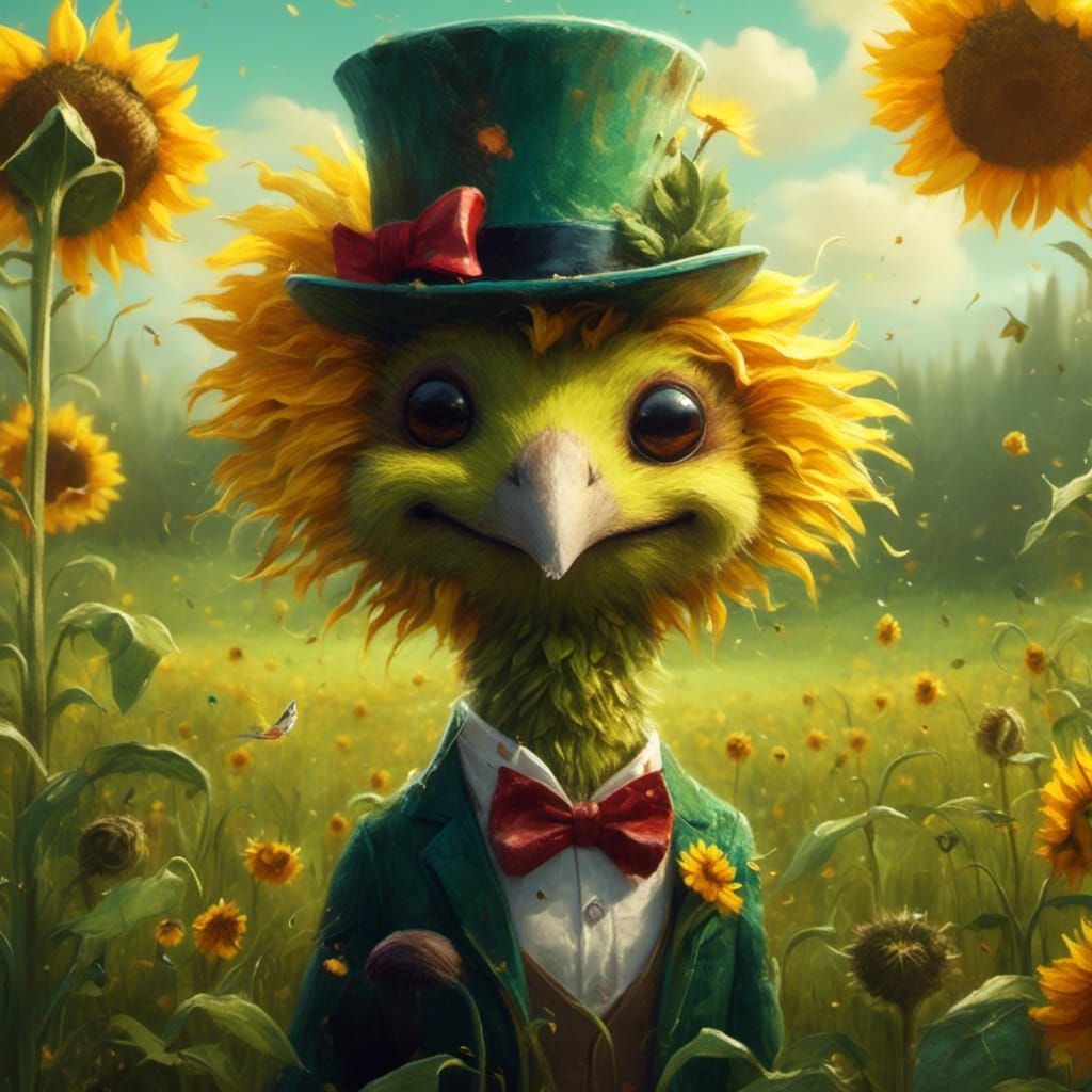 Cute Fuzzy Creature with Sunflower, Pixar-Inspired Illustrat...
