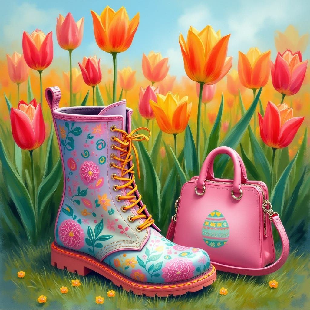 Vibrant Easter Boots and Bag in a Tulip Field
